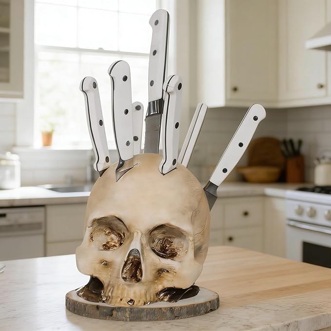 Skull Knife Holder for Kitchen Storage, Funny Skeleton Knife Holder, Creative Horror Kitchen Storage Head Rack, Skeleton Knife Stand for a Scary Party, Unique Fruit Storage Rack Decoration