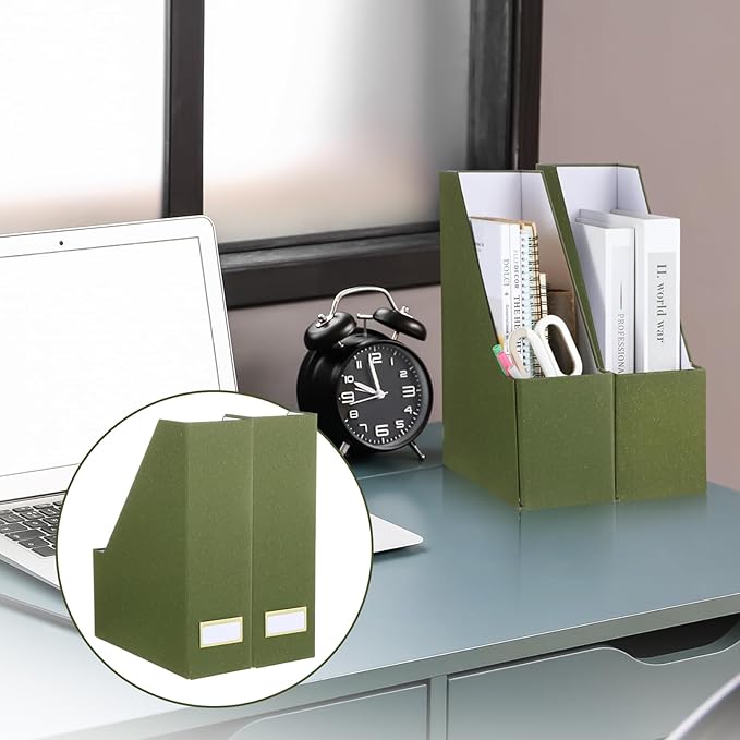Gueevin Set of 6 Magazine File Holder Stylish Sturdy Cardboard File Boxes Desk Magazine Organizer Rack with Gold Label Holder to Organize Your Desk or Shelves for Home Classroom Office Library(Green)