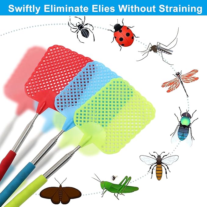 Telescopic Fly Swatter, 3 Pack Manual Durable Plastic FlySwatters Gnat Swatter for Indoor Outdoor Classroom