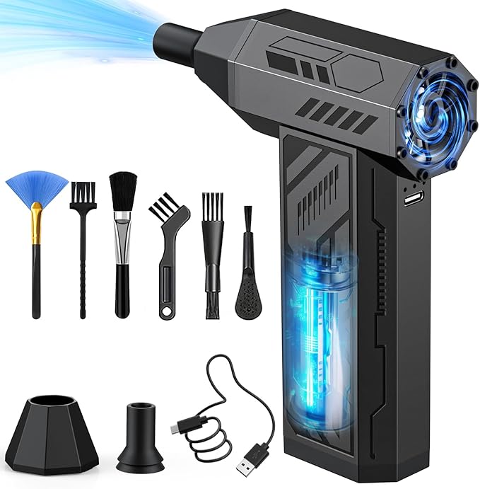 Electric Air Duster 4 Gear Adjustable 130000RPM Super Power Cordless Compressed Air Duster Rechargeable Brushless Blower 4 Nozzles 10 Brushes for Computer, Keyboards, Home, Cars and Outdoor
