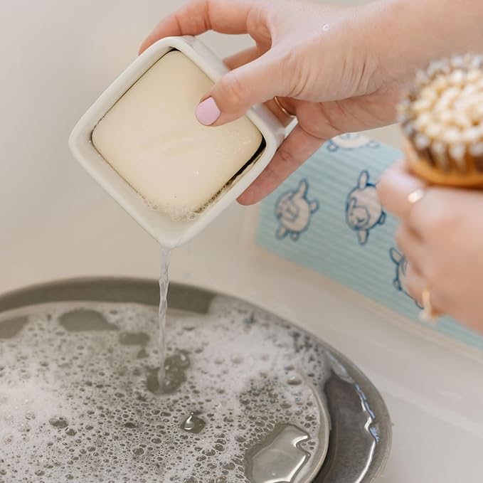 Nellie's Dish Butter - Zero-Waste Alternative to Liquid Dish Soap with Reusable Ceramic Container (White) - Light Lemongrass Scent - Plastic-Free Dishwashing - (Made in Canada)