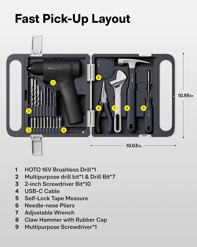 HOTO 25PCS Household Tool Kit with 16V Brushless Drill, 3/8” Keyless Chuck, Smart Display, 50 N·m Torque, 32 Torque Settings, LED Light, Includes Hammer, Wrench, Pliers, 8 x Drill Bits, 10 x Bits