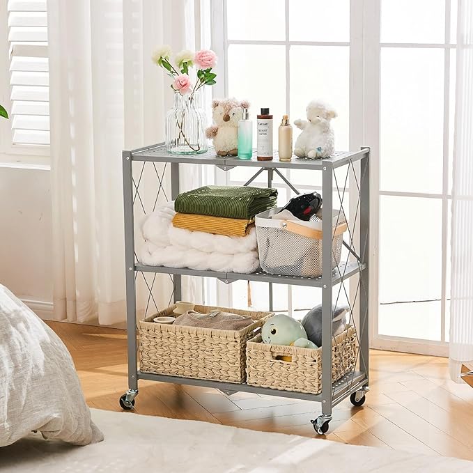 BRIAN & DANY 3-Tier Foldable Storage Shelves with Wheels, No Assembly Folding Shelf Metal Rack, Shelving Unit for Kitchen, Garage, Gray
