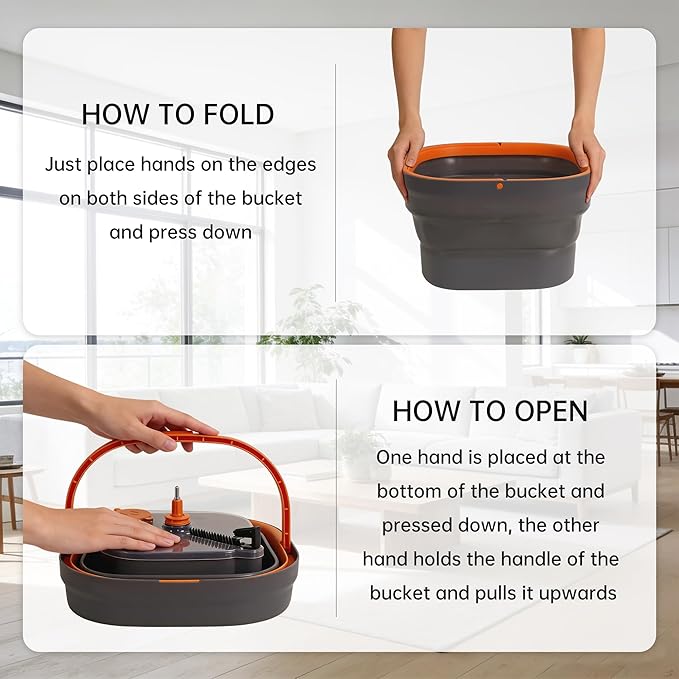 Collapsible Mop and Bucket Set, Spin Mop with Separate Dirty and Clean Water, 6 Replaceable Mopping Pads with Foldable Handle, Deep Cleaning Mops and Buckets for Household Use Floor Cleaning