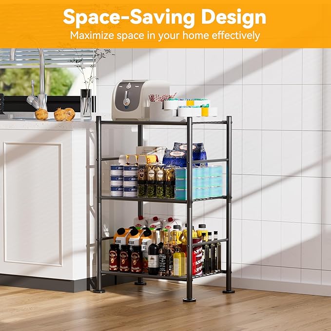 BolDuck 3 Tier Shelf Organizer Rack, Metal Shelving Unit with Adjustable Leveling Feet, Space-Saving Storage Shelves for Closet Laundry Bathroom Kitchen Pantry, 18.11" Wx12.6 Dx29.53 H, Black
