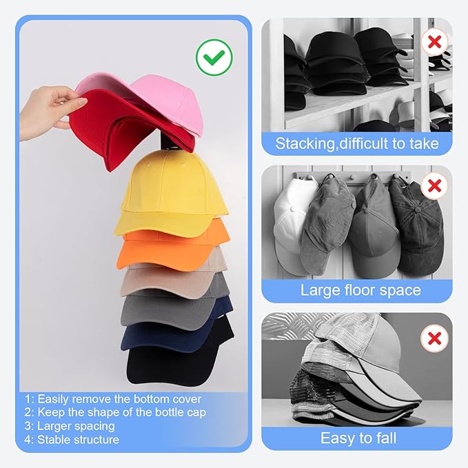 Hat Organizer for Baseball Caps, 1 Pack Hat Rack for Wall Hold up to 18 Hats Strong Adhesive Hat Hooks Stand Multilayer Hat Hanger Organizer Storage Holder Display for Door Closet Bedroom（Black)