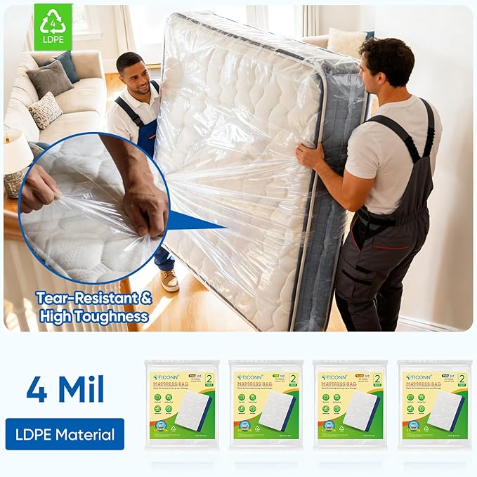 TICONN 2PK Plastic Mattress Bag for Moving Storage, Waterproof Mattress Protector Cover, Heavy-Duty Mattress Moving Supplies (4 mil, King)