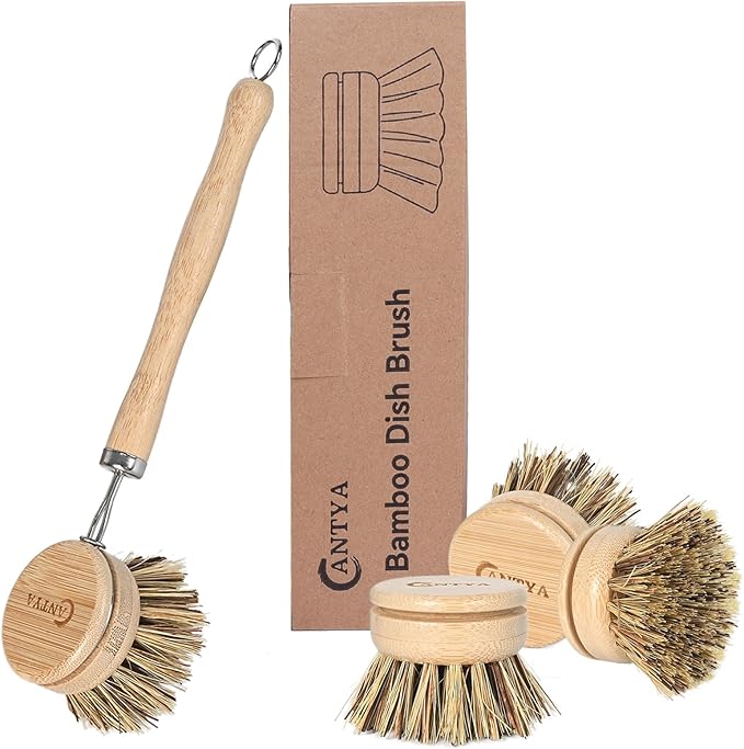 Bamboo Dish Scrubber with Handle - Hard Bristle, Natural Kitchen Brush, Sustainable & Biodegradable, Bamboo Brush for Dishes, Pans and Pots