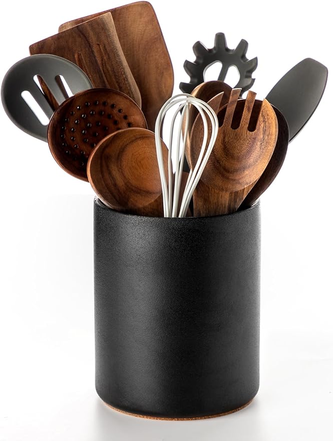 Nucookery Utensil Holder, 6.4" Ceramic Kitchen Utensil Holder with Countertop-Protection Cork Bottom, Farmhouse Kitchen Decor for Counter, Christmas Gift (Stone Black)