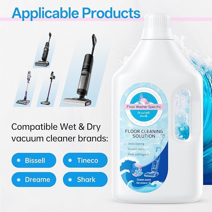 1L Fresh Ocean Floor Cleaning Solution Compatible With Tineco/Bissell/Dreame And Shark, Fragrance Deodorization, Deep Cleans for Multiple Hard Floors, Suitable With Cordless Wet/Dry Vacuum