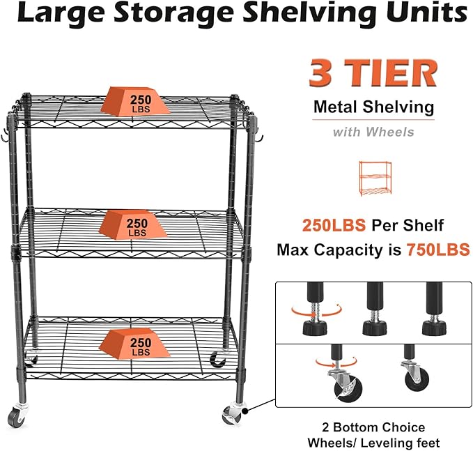 WDT 3-Tier Storage Shelves, Heavy Duty Metal Shelves Wire Rack Shelving Unit, Adjustable Shelf with Wheels for Home Office Garage Kitchen Bathroom, 24" D x 14" W x 32" H