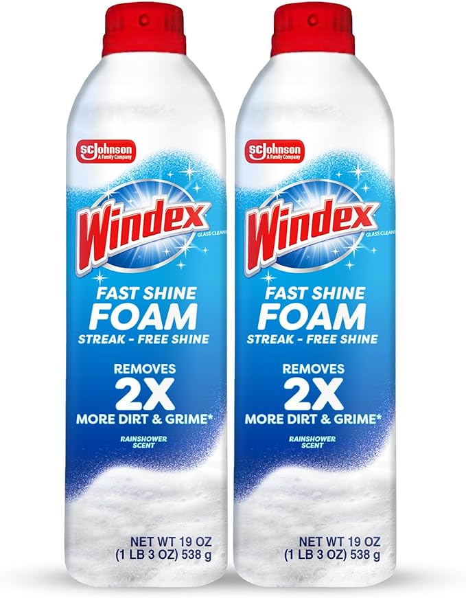 Windex Fast Shine Foam Glass Cleaner, No-Drip Windows, Doors, Mirrors & Countertops Aerosol Cleaning Spray, Streak-Free Shine, Removes Fingerprints, Dust, Dirt, Grime & More 19 oz (Pack of 2)