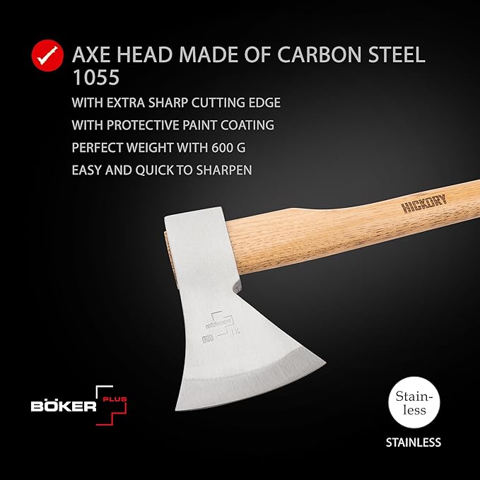 BOKER Plus® Appalachian Axe – Professional Bushcraft, Outdoor & Survival Axe – Large Carbon Steel Blade with Long Hickory Handle – Camping Hatchet with 600 g Rhineland-Style 1055 Carbon Steel Head