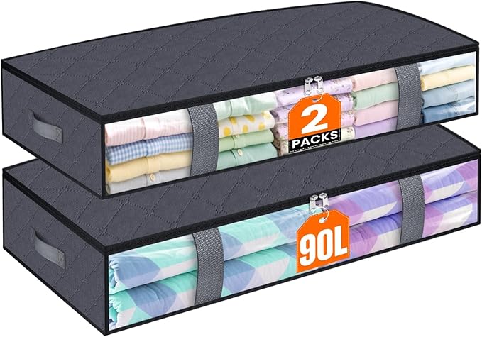 TasticTotes Under Bed Storage Containers, 2 Pack Blanket Storage Bags, Collapsible Storage Bags with Big Zippers, Clear Front, Shoe Storage and Organization for Clothes, Comforter, 90L, Grey