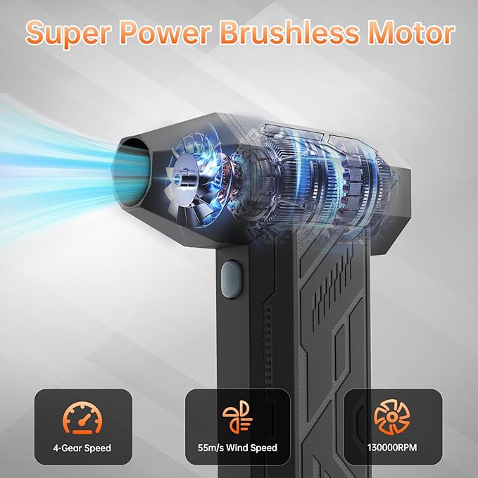 Electric Air Duster 4 Gear Adjustable 130000RPM Super Power Cordless Compressed Air Duster Rechargeable Brushless Blower 4 Nozzles 10 Brushes for Computer, Keyboards, Home, Cars and Outdoor