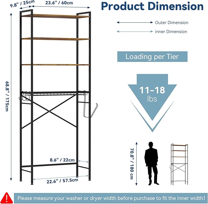 Laundry Room Storage Shelf & Organizer, 4 Tier Over Metal Washer and Dryer Shelves, Washing Machine Shelf, Adjustable Height & Feet, Bathroom Space Saver Shelf, 23.8”W x 9.9”D x 68.1”H, Black