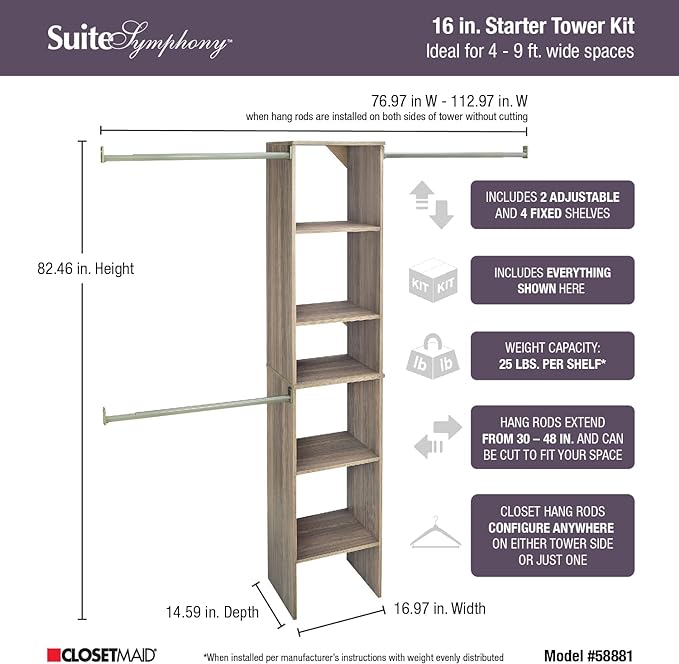 ClosetMaid SuiteSymphony Wood Closet Organizer Starter Kit with Tower and 3 Hang Rods, Shelves, Adjustable, Fits Spaces 4 – 9 ft. Wide, Natural Gray