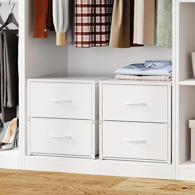2 Pack Stackable Storage Closet Drawers, White Closet Organizers and Storage, Small Drawers for Closet with Wooden Top & Metal Frame, 2 Tier Modern Short Dresser for Bedroom,Dorm,Living Room, Office