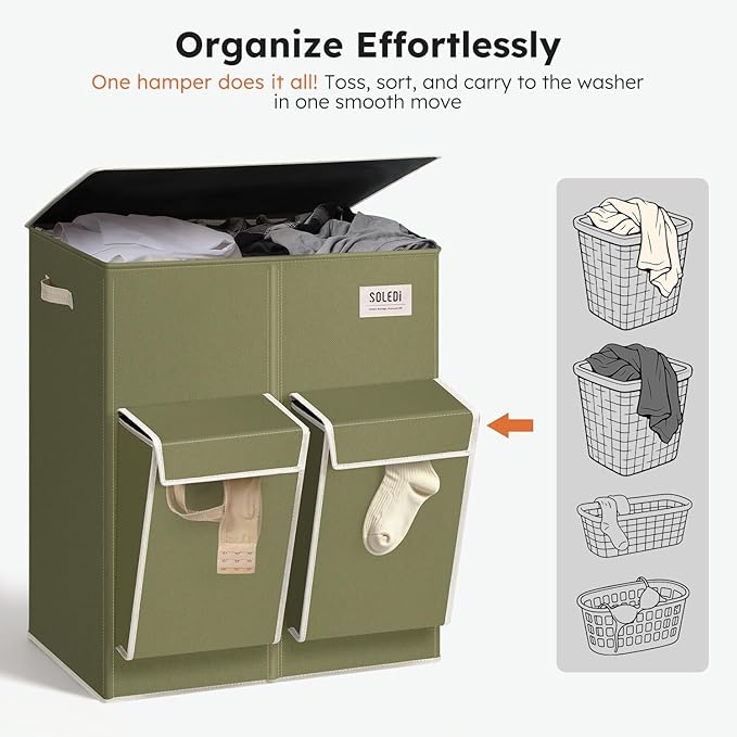 SOLEDI Double Laundry Hamper with Lid, 47.8 Gal (180L) Large Laundr Basket 2 Section with 2 Side Pockets, Dirty Clothes Hamper with Removable Bag, Easy to Carry for Laundry Room, Bedroom, Avocado