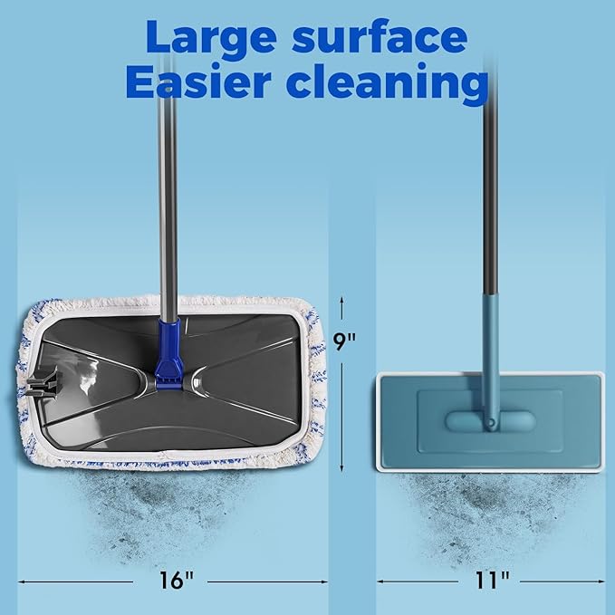 Masthome Extra Large Microfiber Mop for Floor Cleaning, 16“ Flat Mop with 5 Pad for Wet & Dry Use, Dust Mop for Hardwood Laminate Tile Ceramic, 1 Cleaning Scraper Included-Blue