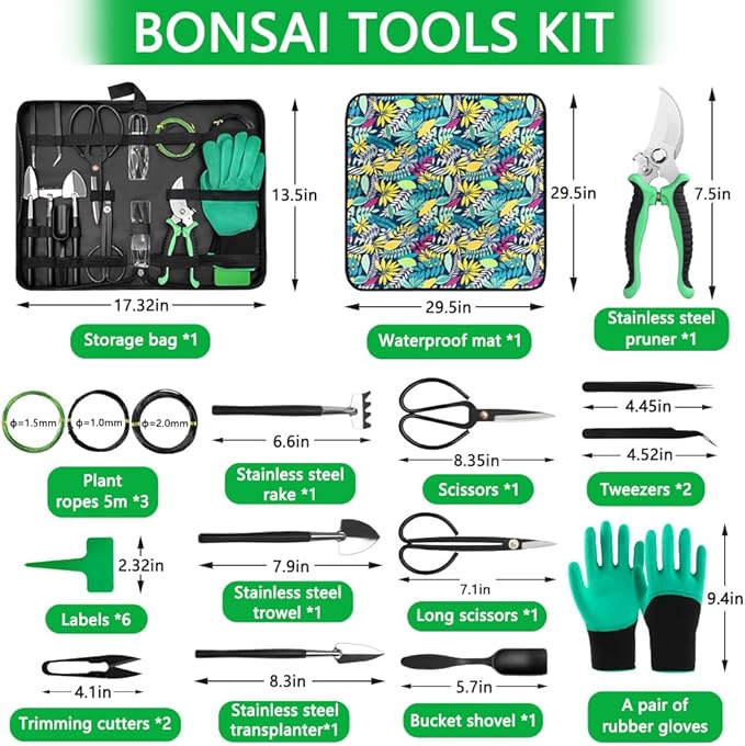 Bonsai Tool Kit - Bonsai Tools Set with PU Leather Bag for Beginners | Gardening Gifts for Women & Parents (22 Pcs with Repotting Mat)