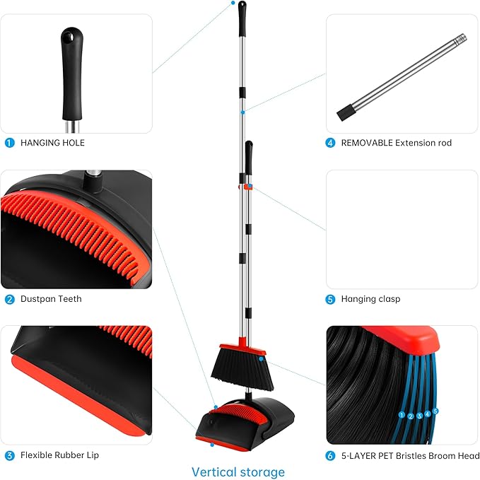 Broom and Dustpan Set for Home,52-in Long Adjustable Handle Angle Broom for Sweeping Indoor Dustpan Teeth to Clean Pet Hair Suitable for Home Kitchen Office