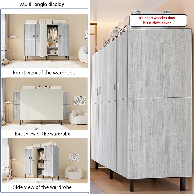 Heavy Duty Covered Clothes Rack with Magnetic Door Foldable Portable Wardrobe Closet for Hanging Clothing Rolling Black Metal Garment Rack on Wheels Closet System (Gray, 49.12in)