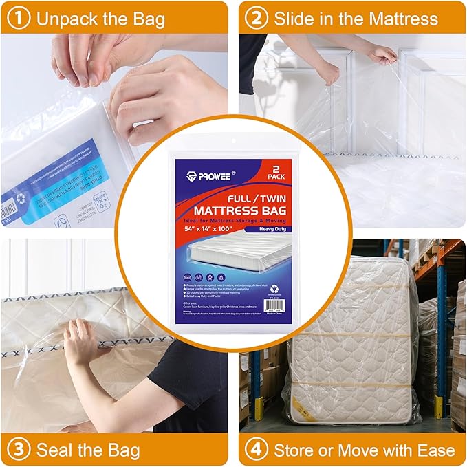 2 PK 4Mil Heavy Duty Full/Twin XL/Twin Mattress Bags for Moving,Clear Plastic Mattress Bags for Storage, Full/Twin Mattress Cover for Moving