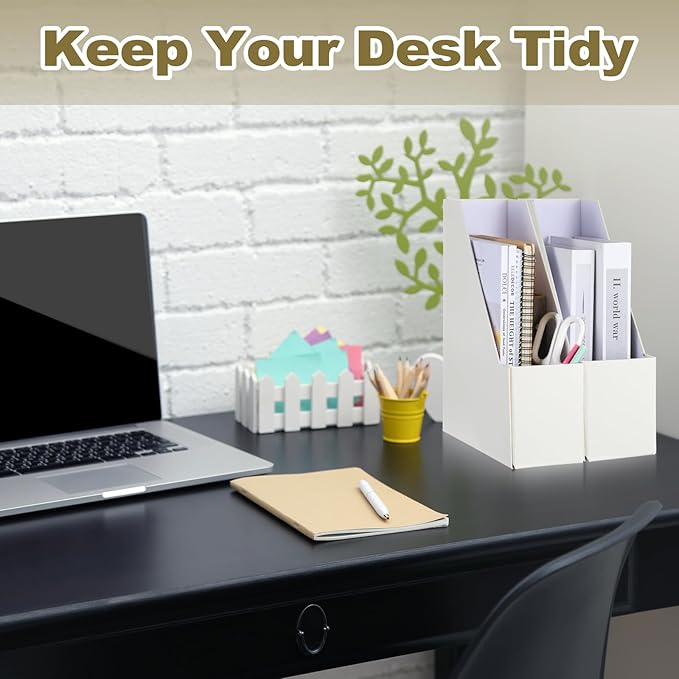 Gueevin Set of 6 Magazine File Holder Stylish Sturdy Cardboard File Boxes Desk Magazine Organizer Rack with Gold Label Holder to Organize Your Desk or Shelves for Home Classroom Office Library(Beige)