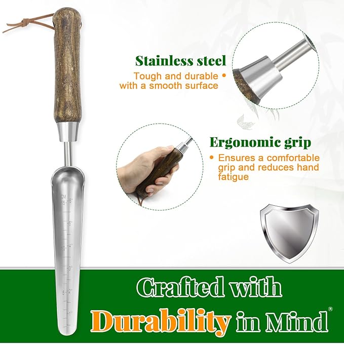 Narrow Stainless Steel Garden Trowel with Wood Handle - Heavy Duty Hand Shovel for Digging, Weeding, Planting & Transplanting, Sharp Garden Spade Tool for Tough Soil and Roots