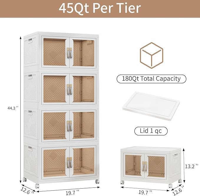 Large Clear Stackable Storage Bins with Lids, 180QT-45QT*4Tier Foldable Cabinet for Closet Organizers, Plastic Storage Box with Wheels White