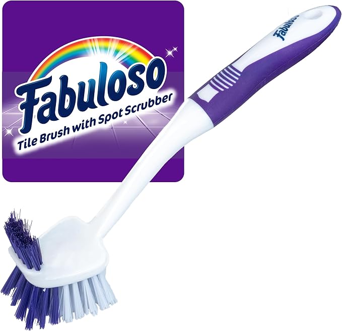 Fabuloso Tile Brush with Spot Scrubber, Long Bathroom Cleaning Brush with Medium Bristles, Shower Scrubber with Hanging Hole for Tile, Grout, Tubs, Floors and Bathroom Walls, 11 Inch