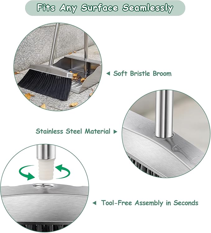 Metal Broom with Dustpan Combo Set-Long Handle Broom with Dustpan,Heavy Duty Standing Dust Pan & Soft Bristles Brooms,Indoor Outdoor Dust Pan Brooms for Home Office Lobby Floor
