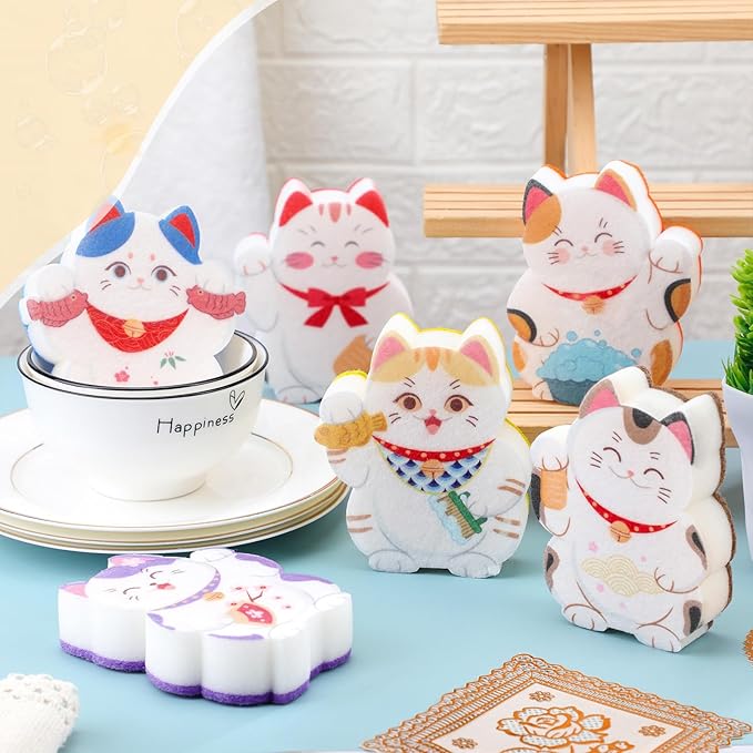 6 Pieces Cat Kitchen Sponges Lucky Cat Design Sponges Fun Non-Scratch Scrub for Washing Dishes Pots Pans and Household Cleaning Supplies for Kitchen Dishes Furniture Gifts