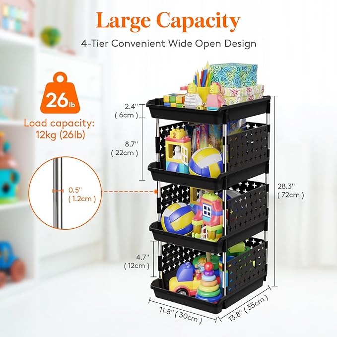 Lifewit Plastic Stackable Storage Baskets, 4 Tier Stacking Bins for Food and Clothes, Multifunctional Organizer for RV, Kitchen, Playroom, Pantry, Black, 35 x 30 x 72 cm/14 x 12 x 28 inch, 1 Pack