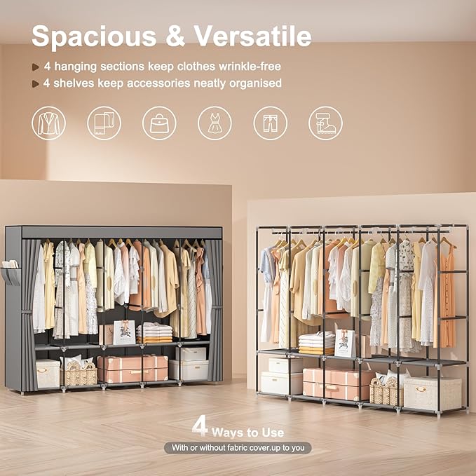 Neatrays Portable Closets for Hanging Clothes, 83 Inch Large Capacity Wardrobe Closet, Freestanding Armario De Ropa Closet with Cover & 5 Hanging Rods & 10 Storage Shelves (Grey)