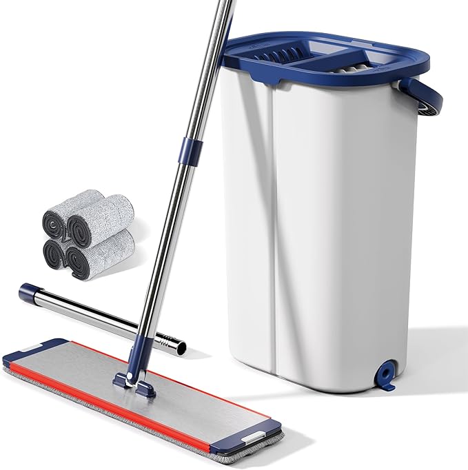 Large Mop and Bucket with Wringer Set for Home, Hands Free Flat Floor Mop and Bucket System with 4 Washable Microfiber Pads, Wet and Dry Use, Mops for Floor Cleaning, Two Bucket Mop System