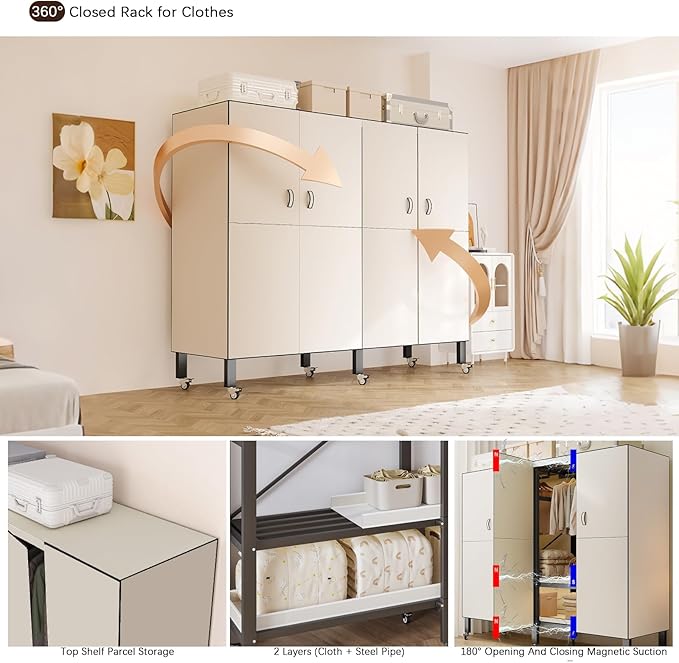Foldable Portable Armoire Wardrobe Closet for Hanging Clothes Rack, Heavy Duty Covered Clothes Rack with Cover(HARDBOARD Magnetic), Closet Garment Rack for Bedroom Storage (KT Off-white, 74.8in)