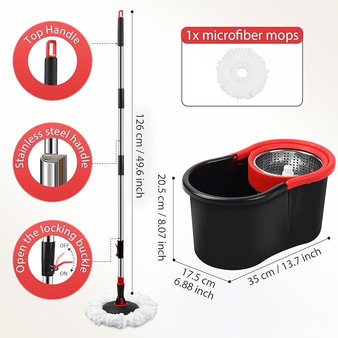 Spin Mop and Bucket, Mop and Bucket with Wringer Set for Home, 360 Spinning Mop Bucket Floor Cleaning Tool with One Microfiber Mop Replacement Head Refills,50" Extended Handle for Floor Cleaning Home