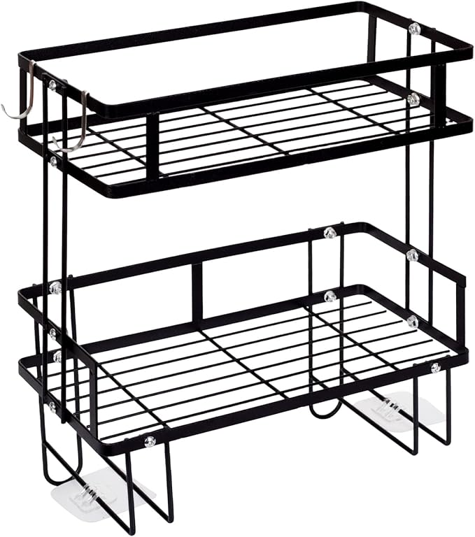 PowerKing Over The Toilet Storage Shelf, 2-Tier Bathroom Organizer Rack with 2 Hooks, No-Drill, Rust-Resistant Steel, Toilet Paper Holder for Restroom Bathroom, Black