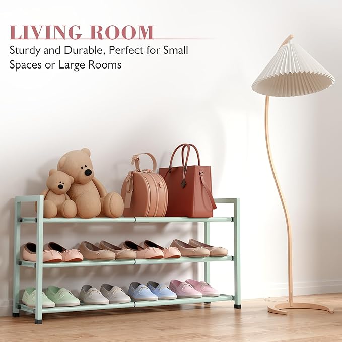 Bumusty 3-Tier Expandable Shoe Rack for Closet, 18“-33” Adjustable Shoe Rack for Small Space, Small Shoe Organizer for Front Door, Sturdy Metal, Green