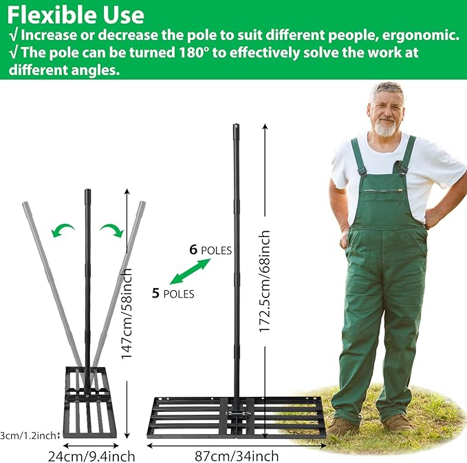 Pragmatist Lawn Leveling Rake, 34"x9.4" Leveling Rake 68" Leveler Tool Big Lawn Leveler Stainless Steel Landscaping Tool for Garden, Golf Lawn, Farm, Pasture, Yard Tool