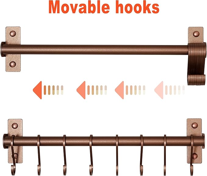 Dseap Kitchen Utensil Holder Hanger, Pot and Pan Rack Wall Mounted, Kitchen Rail with 8 Hooks for Hanging Cooking Utensils, Mugs, Spoons, Wall Mounted, Antique Copper New, Pack of 2