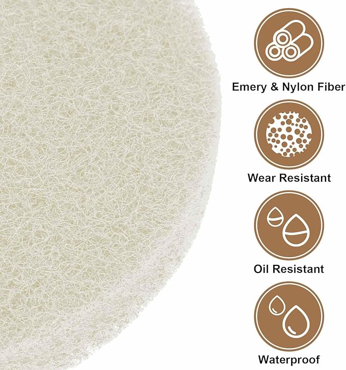 HARFINGTON 16pcs Scrubber Scouring Pads 450 Grits 2 Inch Drill Power Brush Hoop and Loop Surface Conditioning Disc Drill Scuffing Disc Scrub Pads for Home Kitchen Cleaning, White