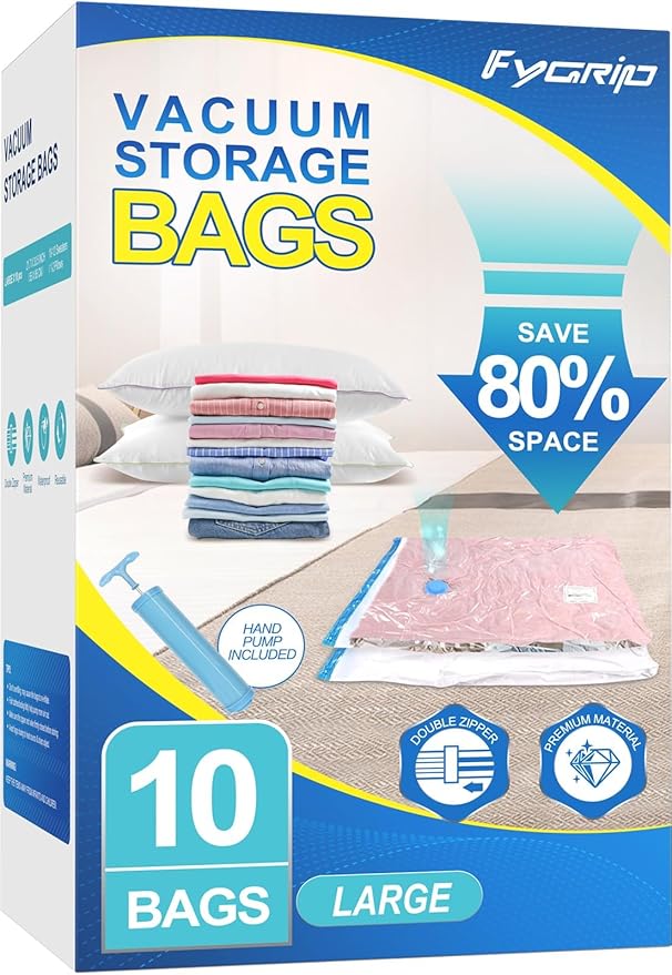 Fygrip Vacuum Storage Bags with Hand Pump, Plastic Packaging Bags, 80% Space Saver Vacuum Seal Bags for Clothing, Travel Lugggage, Blankets, Comforters, 10 Large