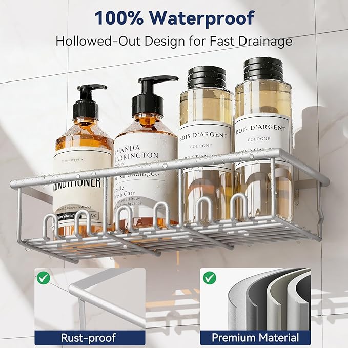 8 Pack Adhesive Rustproof Shower Caddy with Soap Dishes, Toothbrush Holder & Hooks, Large Capacity No-Drilling Shower Shelves Rack for Bathroom Organizers and Storage Accessories, Silver