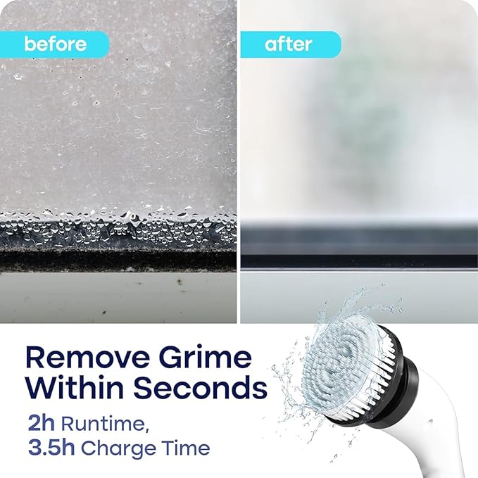 Electric Spin Scrubber for Cleaning, Adjustable Shower Brush with 7 Replaceable Heads & Power LED Display, 2 Speed Waterproof Cordless Shower Scrubber for Bathtub, Kitchen, Car, White