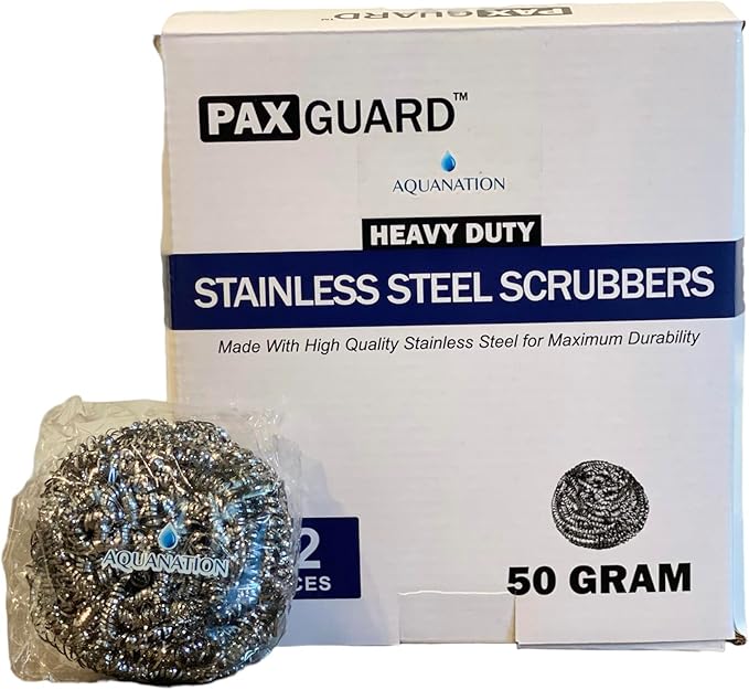 AquaNation Premium Stainless Steel Scouring Pads [Large 50 Gram] | Heavy Duty 12 Pack | Industrial & Commercial Grade Steel Wool Scrubbers | Individually Wrapped Scrubbing Sponges