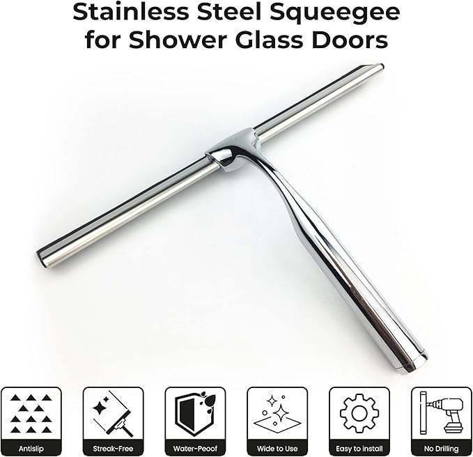 Squeegee for Shower Glass Door with Holder, 10" Silicone Blade, Stainless Steel Chrome Handle, for Kitchen Window, Bathroom Mirror & Car Glass Cleaning by Fab Glass and Mirror