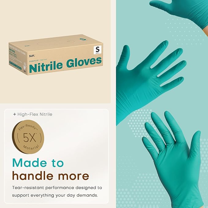 SUP Powder-Free Nitrile Gloves, 100 Count Food Safe Latex-Free Disposable Gloves for Medical Cooking Cleaning Food Prep, Teal
